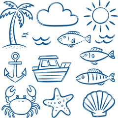 Whimsical blue line of beach and ocean summer vacation , beach, ocean, sea, summer, vacation,