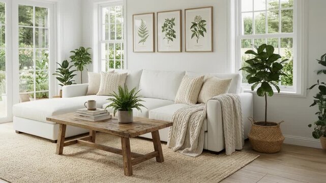 Bright modern living room with white sofa wooden coffee table and green indoor plants in cozy home interior