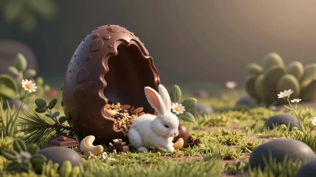 Photorealistic CGI of a small white rabbit with pink ears, sitting in front of a broken chocolate Easter egg on a grassy field. The egg is filled with nuts and candies.