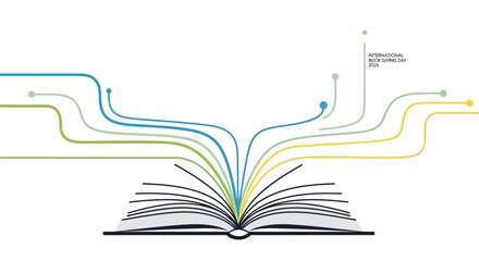 Illustration of an open book with colorful lines emerging from it, symbolizing knowledge and learning on International Book Giving Day in America.