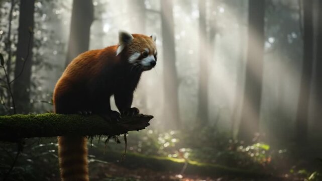 Red Panda Perched on Mossy Branch in Sunlit Misty Forest