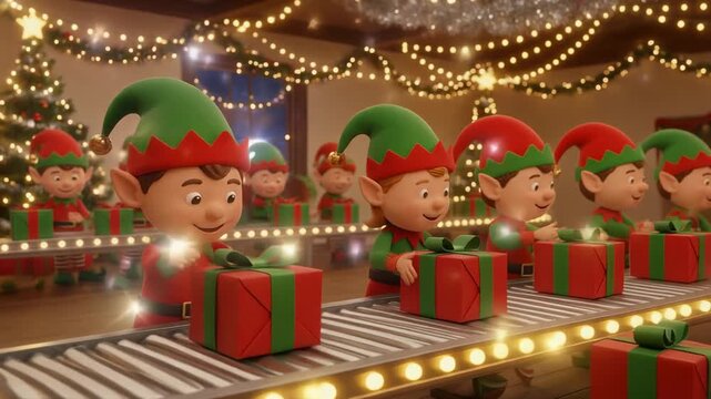 Cute Christmas elves packing holiday gift boxes on conveyor belt with festive lights and decorations