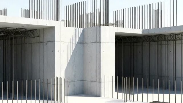Modern Architecture Construction Site with Rebar and Concrete Structures.
