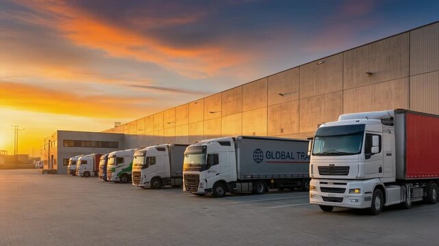 Fleet of cargo trucks parked at modern warehouse loading dock during vibrant sunset