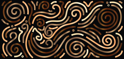 Luxury Golden Abstract Line Pattern on Black Background with Metallic Swirls, Elegant Modern Decorative Design