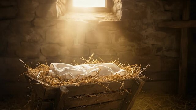 Empty wooden manger with straw illuminated by sunlight in rustic stable interior