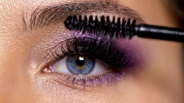 Closeup of eye with purple makeup and mascara