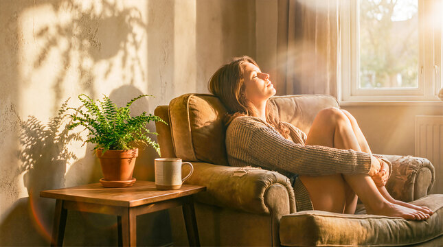 Woman relaxing in cozy chair by window, sunlight streaming in, surrounded by greenery, embodying the essence of digital detox and slow living lifestyle