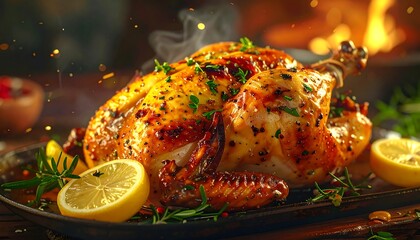 A roasted chicken on a tray with herbs and lemons