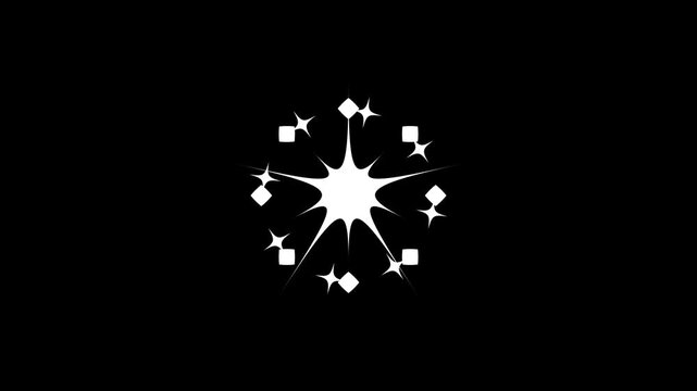 Twinkle sparkle star animation showing white cartoon flat vector doodles, glitter shine and blinking light effect, glowing motion on transparent black screen background for clean festive 4K overlays