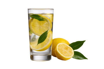 Fototapeta premium Tall glass of clear water with lemon slices and leaves beside whole lemons image, Png, Isolated on Transparent Background, Cut Out