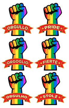 Colorful raised fist illustrations with rainbow stripes and pride banners in different languages, symbolizing LGBTQ pride, equality, and global solidarity.
