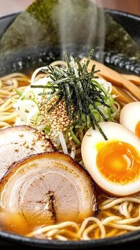 A tantalizing close-up shot showcases a steaming bowl of traditional Asian noodle soup, rich with vibrant ingredients. Golden noodles are submerged in a savory broth, topped with perfectly sliced roas