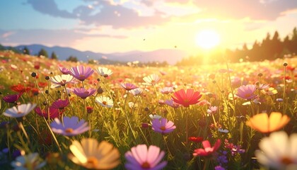 Fototapeta premium Vibrant wildflower meadow at golden sunrise with soft warm light and mountain backdrop