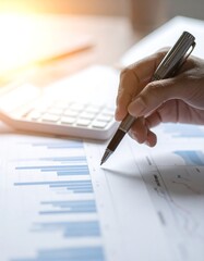 Close-up of a hand with a pen over financial reports, chart diagrams, and a calculator with a bright sunlight background
