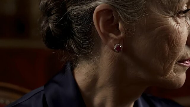 Elderly woman's side profile, elegant ruby and diamond earring sparkling. Perfect for luxury jewelry ads, mature fashion, skincare, and senior lifestyle content,