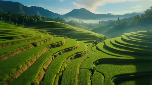Realistic aerial cinematic video of vast green rice fields with gentle wind movement, layere