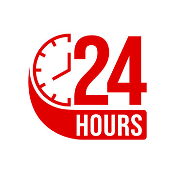 24 hours icon logo. Twenty four hours icon. Vector Illustration. 24 hours label, logo, badge, banner, sticker, stamp, sign, symbol, circle, arrow, red, line, flat vector, isolated illustration.