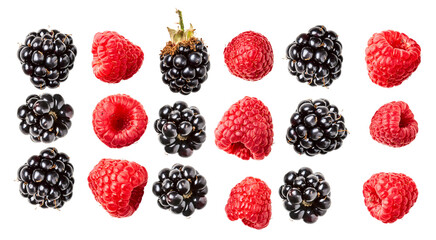 abundant selection of fresh blackberries and raspberries, showcasing individual berries and small...