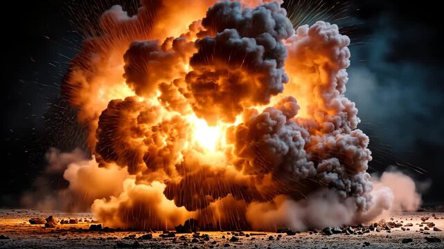 An exploding cloud of fire and smoke against a dark backdrop. Debris is scattered below