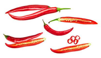vibrant red chili peppers, whole and sliced, isolated on a transparent background, capturing the...