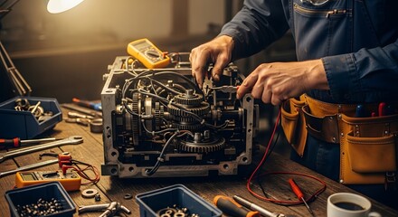 A skilled mechanic meticulously inspects and repairs a complex engine or machinery component on a cluttered workbench in a dimly lit workshop, surrounded by various tools and parts.