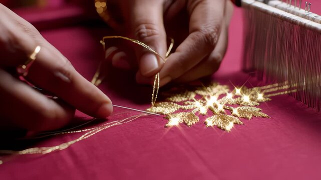 Hand Embroidering Gold Thread Leaf Designs on Red Fabric Close Up