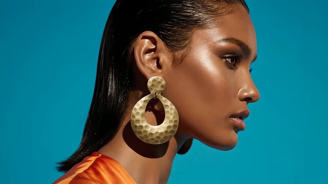 Beautiful woman with glowing dark skin and wet-look hair wearing a large golden hammered earring, shot in profile against a vibrant blue background. Ideal for beauty, fashion, jewelry,