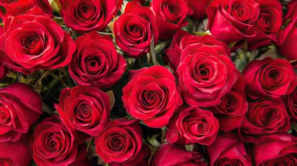Fototapeta premium Red rose pattern, combined with bright floral colors, symbolizes the love and emotions of Valentine's Day, the colors of the flowers, and the romantic festive atmosphere.