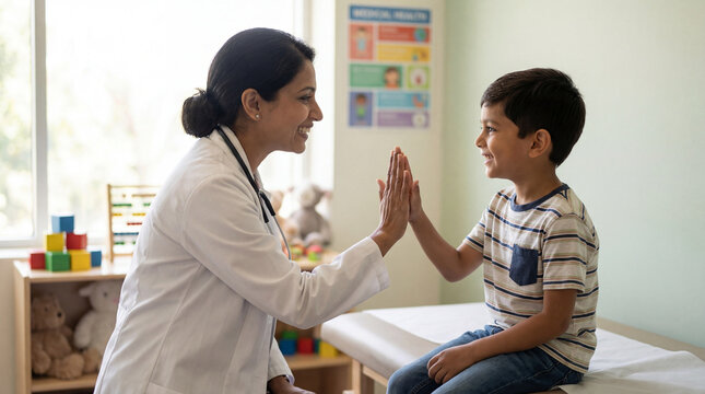 Happy female pediatric doctor giving high five to smiling boy after checkup in medical office