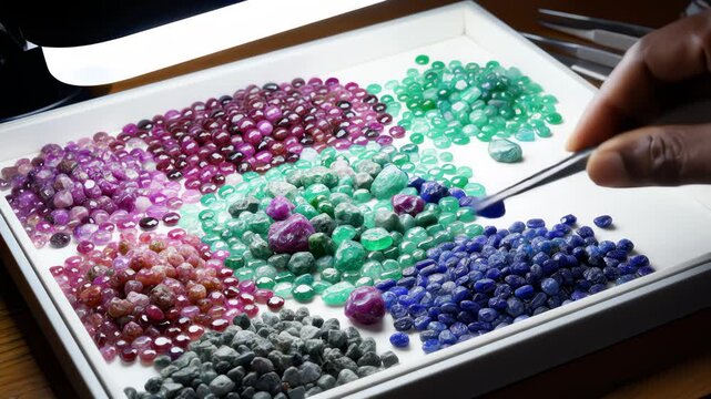 Jeweler Inspects and Sorts Gemstones in Tray With Tweezers Under Light
