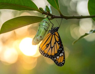 Close-up of a Monarch butterfly with wings unfurled, alongside its chrysalis, hanging from a green branch, warm sunlight in background