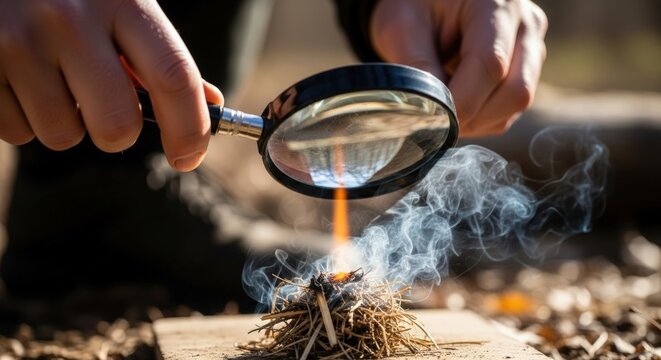 Starting a fire with a magnifying glass and tinder