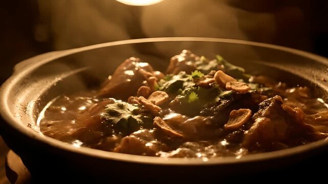 Steaming hot, bubbling Asian-style stew, garnished with fresh cilantro and fried garlic, in a rustic clay pot. Ideal for food blogs, recipe videos, restaurant menus, and culinary marketing.