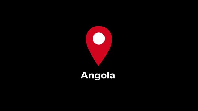 showcasing  a red location pin icon.black screen  with the word Angola country map marker design direction icon 4k animation
