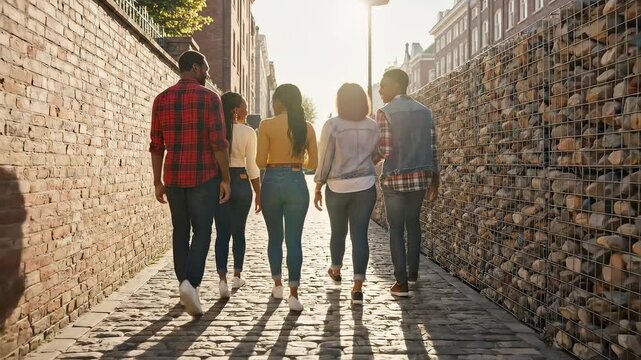 Group of friends walking on cobblestone street