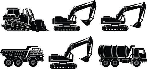 Set of heavy construction machinery silhouettes featuring dump truck excavator bulldozer and concrete mixer isolated on white background for industrial engineering and building design © Its Ariful 