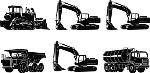 Collection of heavy construction machinery silhouettes including tower cranes excavators dump trucks and bulldozers isolated on white background for industrial building and engineering design © Its Ariful 