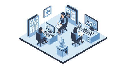 Fototapeta premium Isometric Office Scene with People Working.