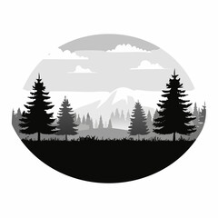 Monochrome Mountain Landscape with Pine Trees in Oval Frame Graphic Design