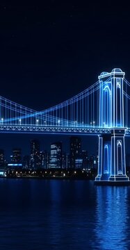 Illuminated Bridge at Night, Modern City Architecture Background