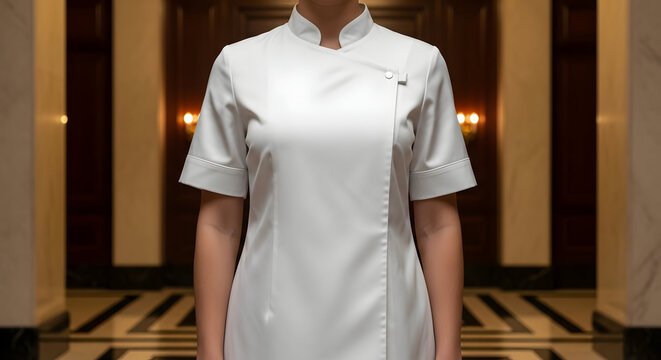 Person in White Spa or Hotel Uniform Mockup with Elegant Blurred Background
