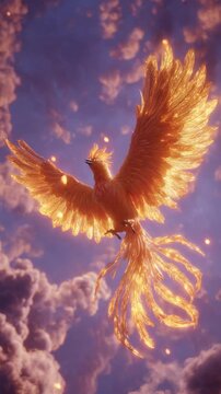 Majestic Golden Phoenix Flying Through Purple Storm Clouds with Lightning. 