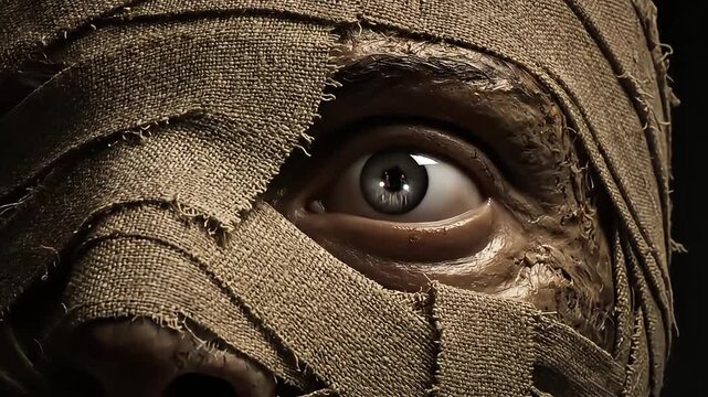 Close-up of an eye with bandages wrapped around the face, suggesting a mummy or injury