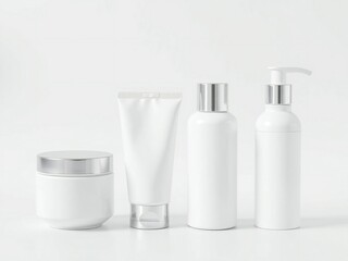 Collection of white cosmetic bottles and jars on a white background