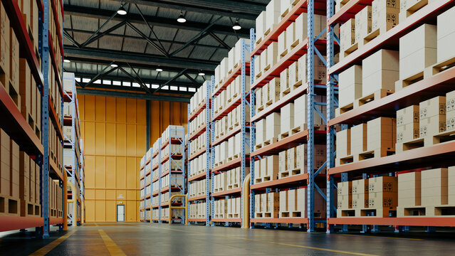 Modern interior of large industrial warehouse with tall metal racks and stacked cardboard boxes on pallets- 3D rendering
