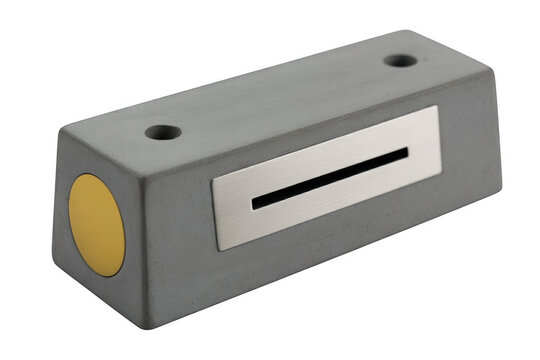 Gray electronic device with yellow circle and slot isolated on a transparent background