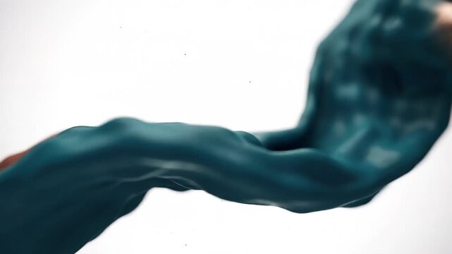 Dynamic flow of rich teal-blue liquid creating abstract waves and fascinating organic shapes against a stark white backdrop, showcasing fluidity and captivating texture