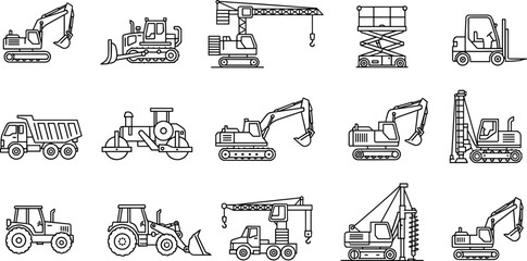 Black and White Line Art Vector Icon Set of Heavy Construction Machinery Equipment Including Excavator Bulldozer Crane Forklift Roller Tractor and Industrial Vehicles © Its Ariful 