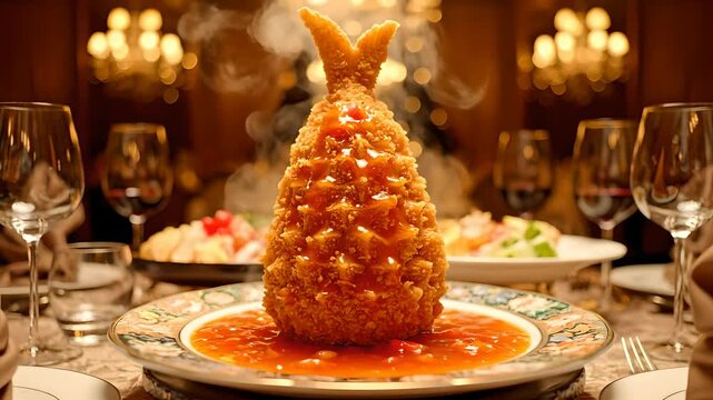Steaming, crispy pineapple-shaped fried shrimp with sweet chili sauce on an elegant plate in a luxurious fine dining restaurant, perfect for gourmet cuisine, upscale food ads, chef creations,